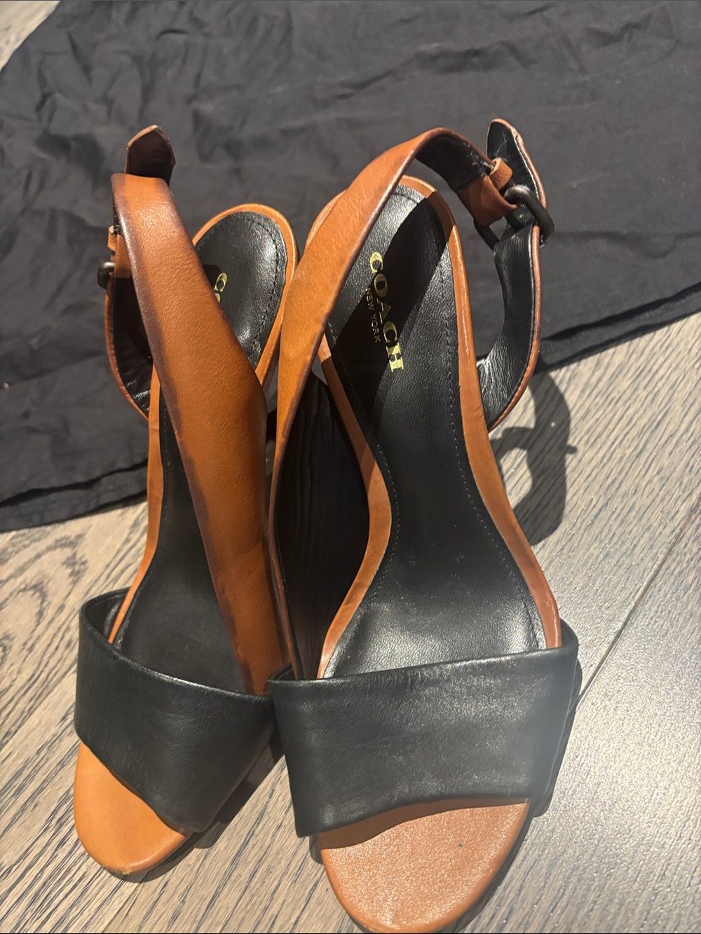 Coach Two-Tone Leather Slingback Heels in Black and Brown